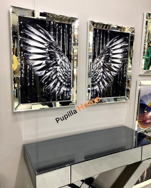 Gümüş Renk İkili Damlalı Melek Kanadı Camlı Tablo