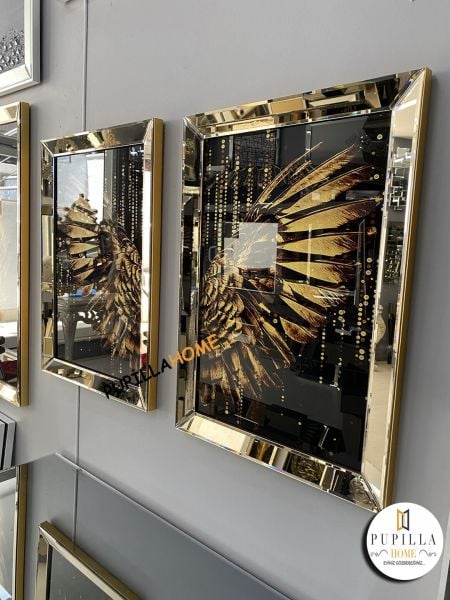 Bronz Renk İkili Damlalı Melek Kanadı Camlı Tablo