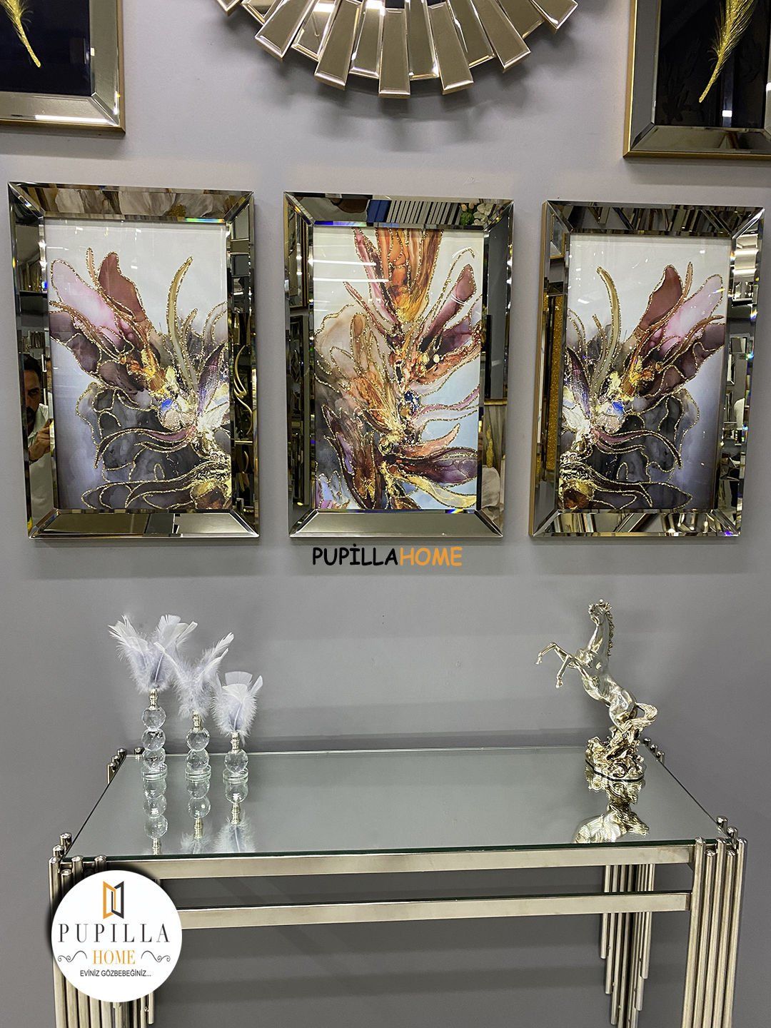 Bronz Renk Üçlü Mor Bulut Tablo Set