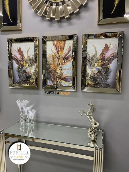 Bronz Renk Üçlü Mor Bulut Tablo Set