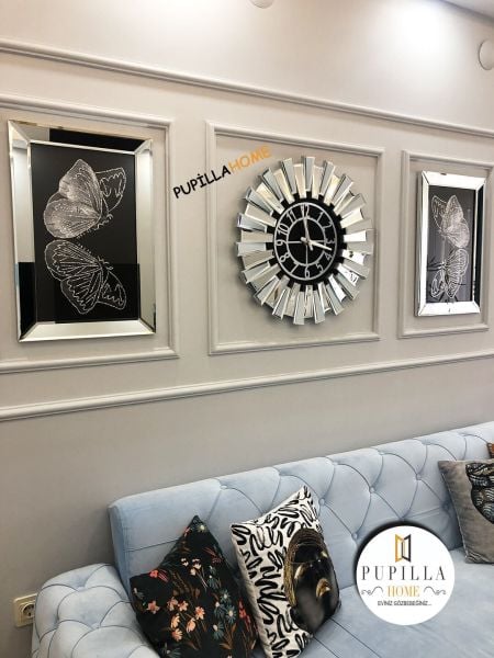 Gümüş Renk İkili Kelebek Simli Tablo Güneş Model Aynalı Saat
