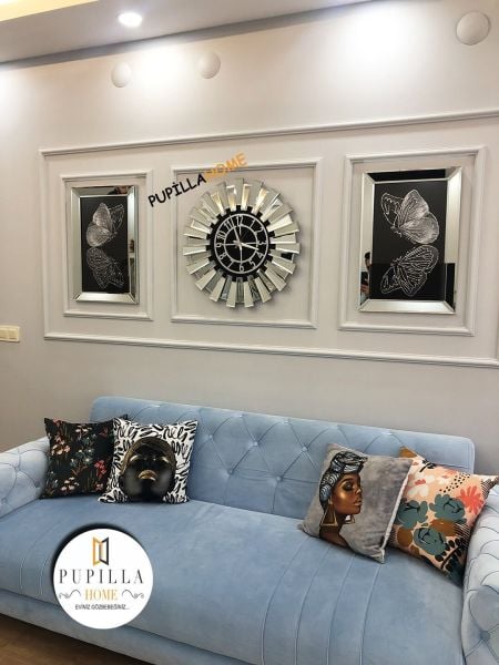Gümüş Renk İkili Kelebek Simli Tablo Güneş Model Aynalı Saat
