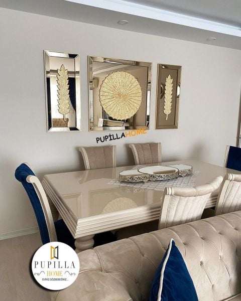 Bronz Renk Üçlü Varak Dünya ve Tüy Tablo Set