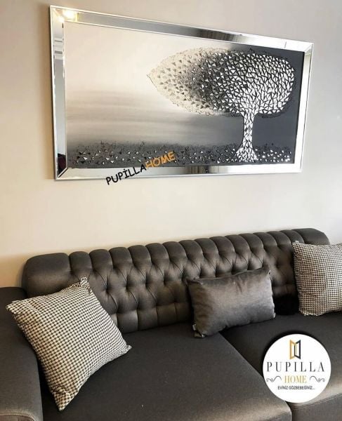 Gümüş Renk Parça Ayna İşlemeli Ağaç Tablo