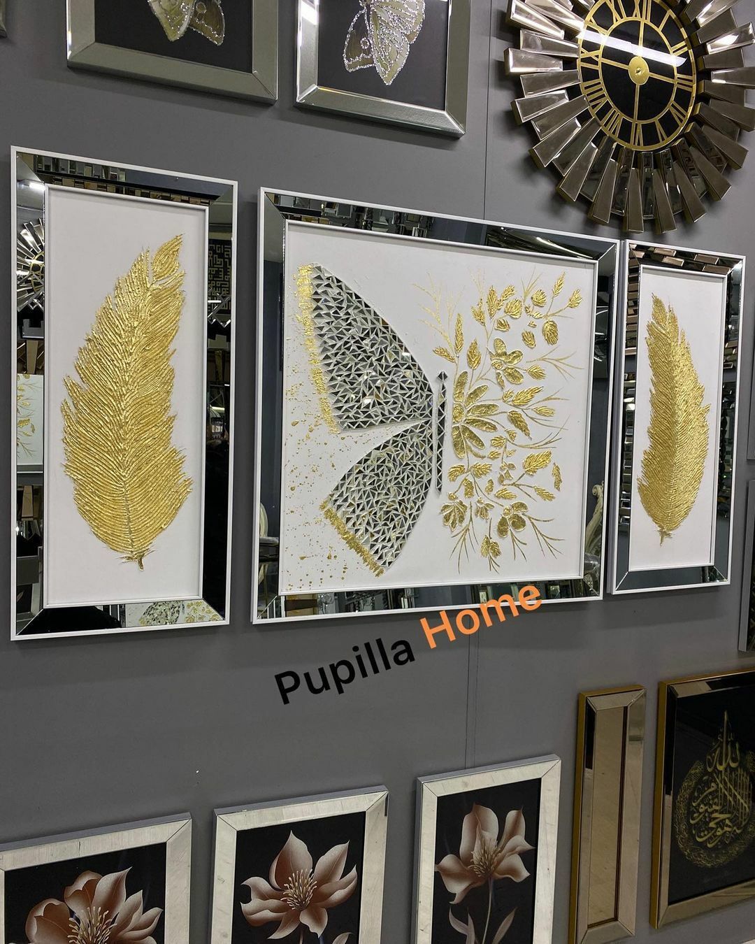 Beyaz Kanvas Üçlü Varak Kelebek ve Tüy Tablo Set