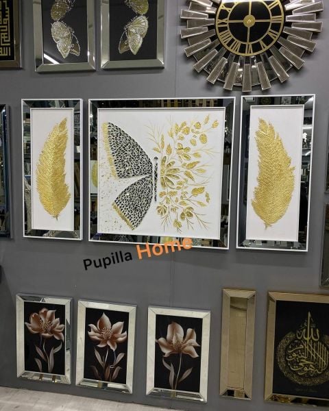 Beyaz Kanvas Üçlü Varak Kelebek ve Tüy Tablo Set