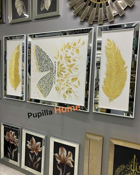 Beyaz Kanvas Üçlü Varak Kelebek ve Tüy Tablo Set