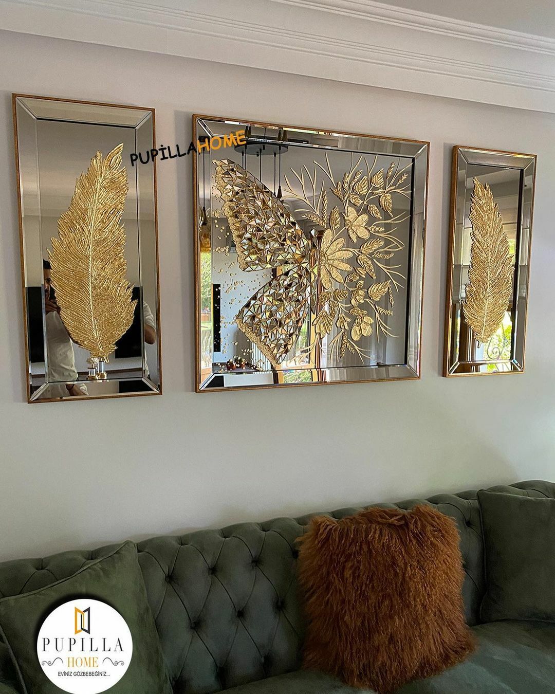 Bronz Renk Üçlü Varak Kelebek ve Tüy Tablo Set