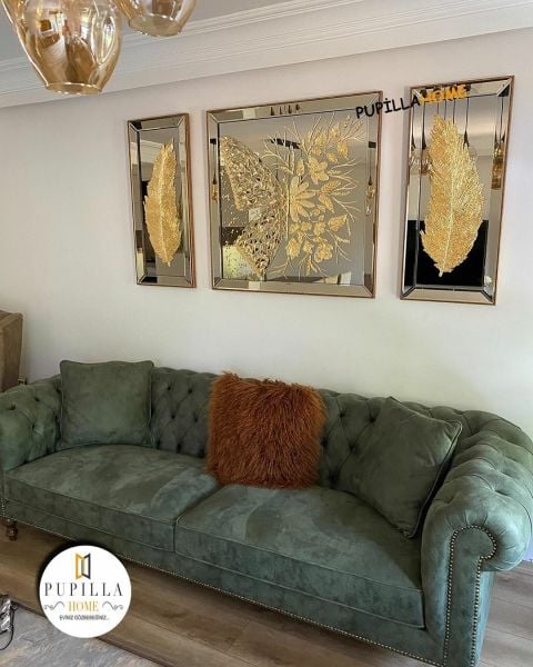 Bronz Renk Üçlü Varak Kelebek ve Tüy Tablo Set