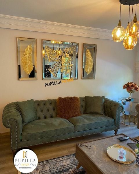 Bronz Renk Üçlü Varak Kelebek ve Tüy Tablo Set