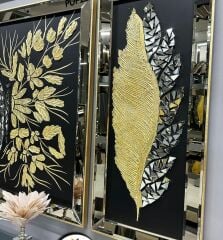 Siyah Kanvas Üçlü Varak Kelebek ve Tüy Tablo Set