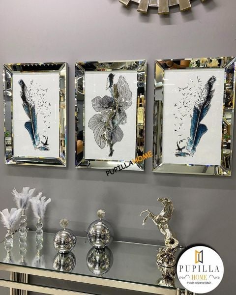 Gümüş Renk Üçlü Mavi Kuş Tüyü Set