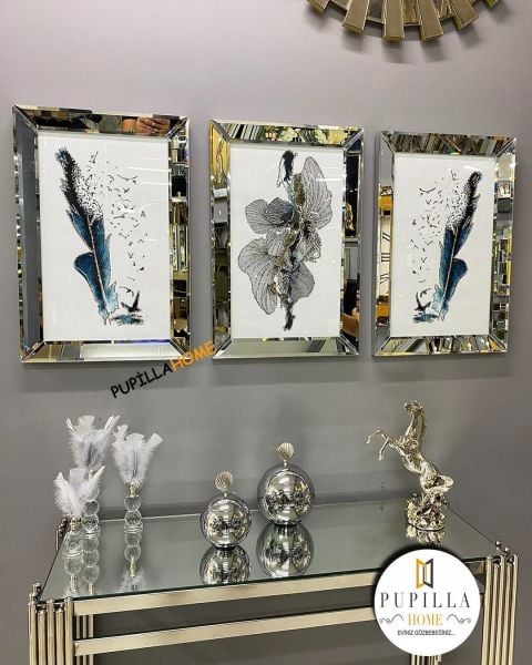 Gümüş Renk Üçlü Mavi Kuş Tüyü Set