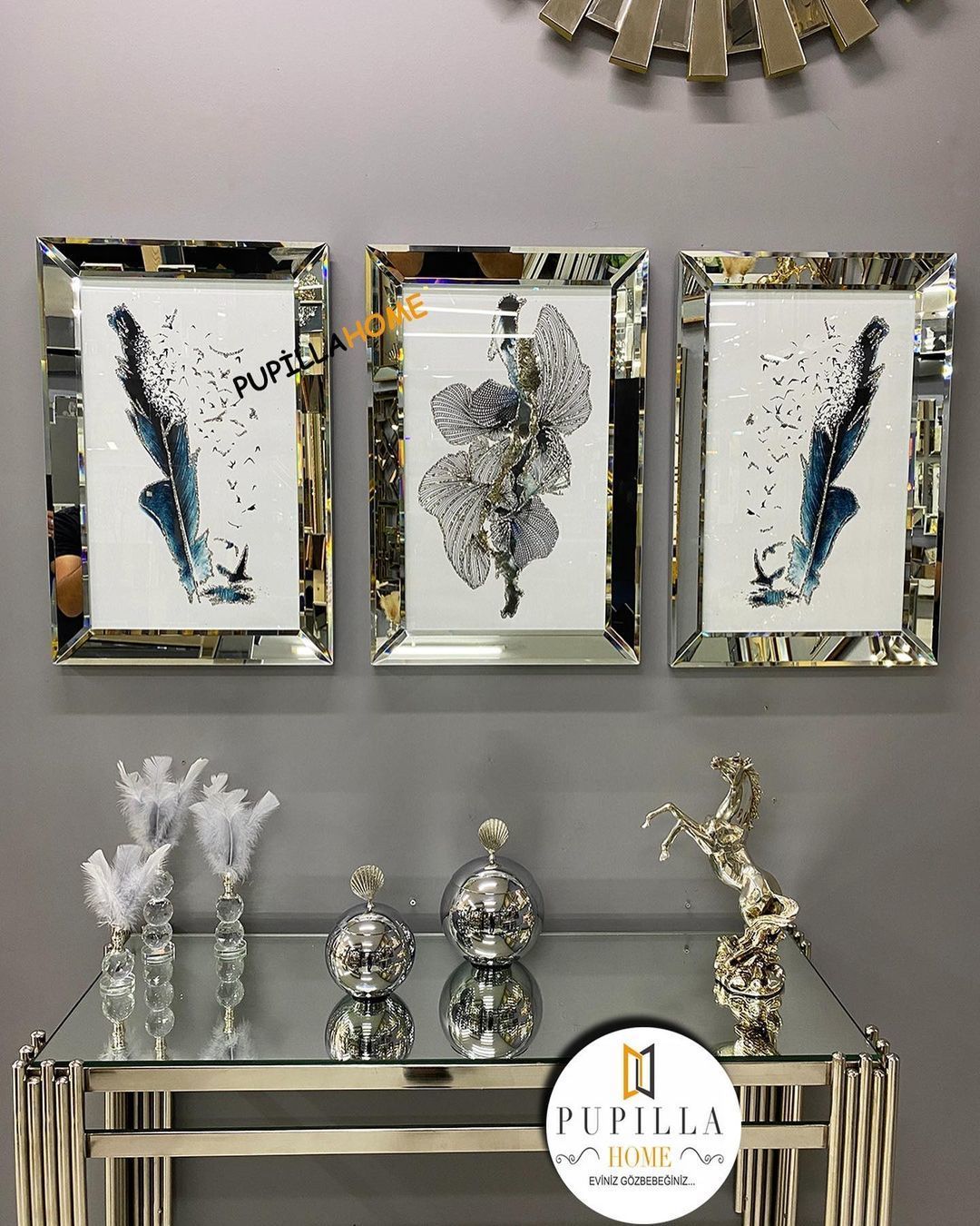 Gümüş Renk Üçlü Mavi Kuş Tüyü Set