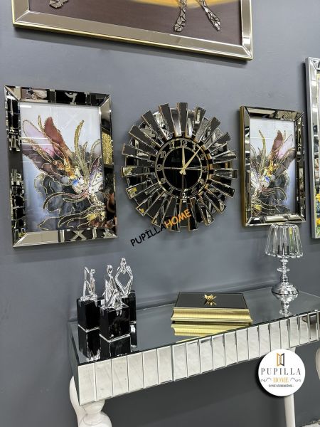 Bronz Renk İkili Mor Bulut Tablo Güneş Model Aynalı Saat