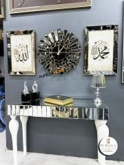 Bronz Renk Simli İkili Allah C.C & Hz. Muhammed Sav Tablo Güneş Model Aynalı Saat