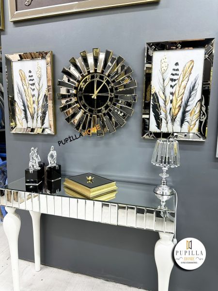 Bronz Renk Simli İkili Kuş Tüyü Tablo Güneş Model Aynalı Saat