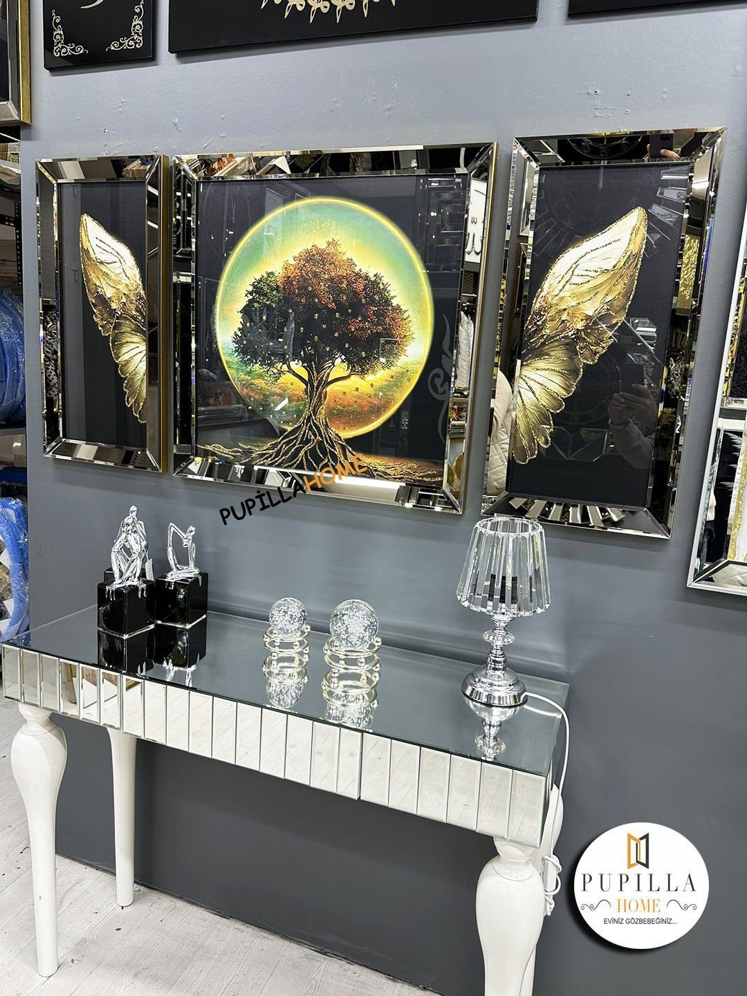 Gold Renk Üçlü Hayat Ağacı Tablo Set