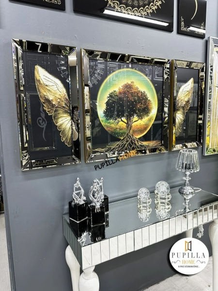 Gold Renk Üçlü Hayat Ağacı Tablo Set