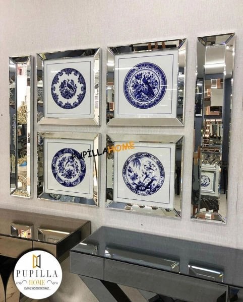 Gümüş Renk Altılı Bleu Blanc Aynalı Tablo Set