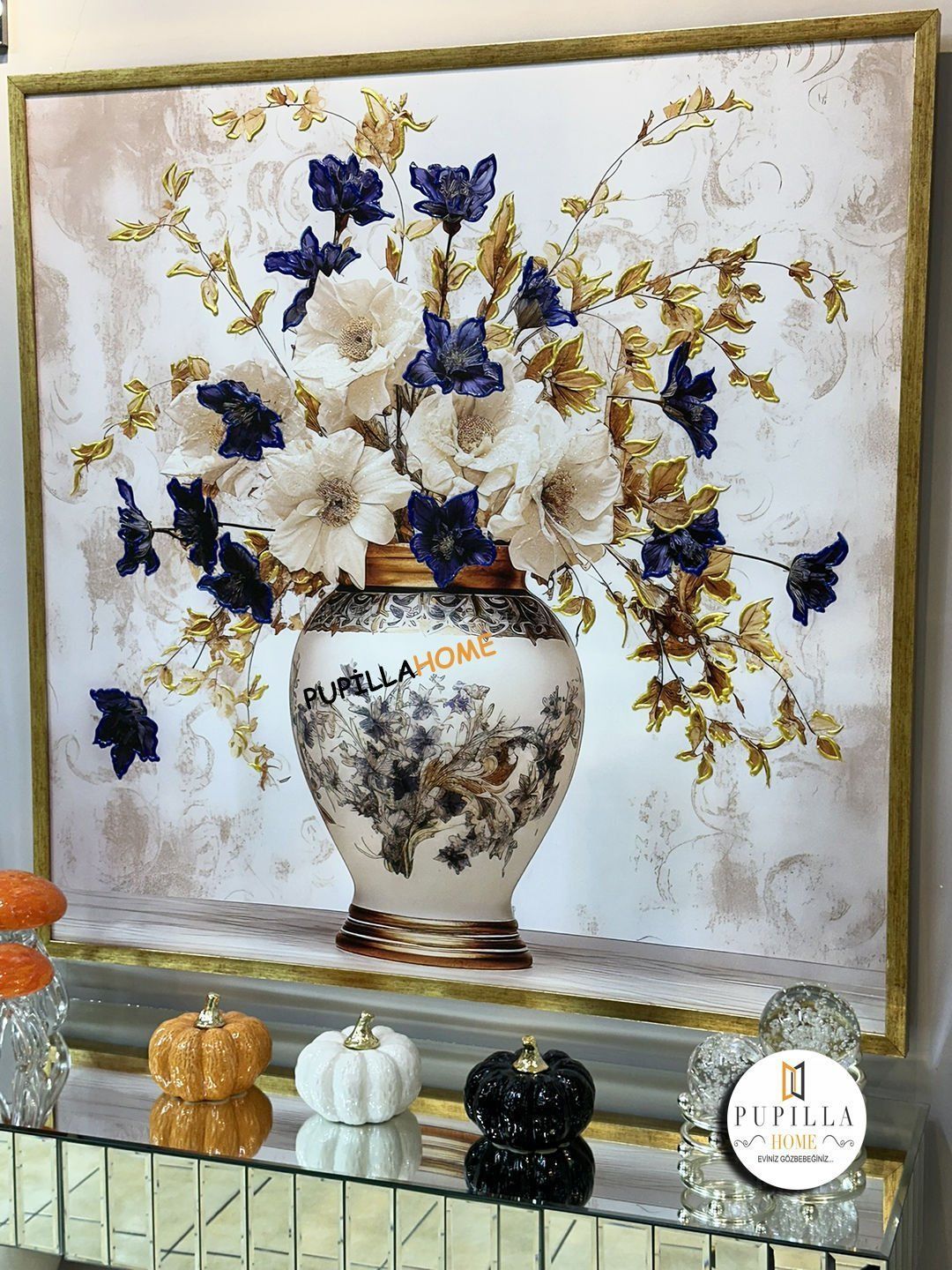 Mavi Çiçekli Vazo Model Kanvas Tablo