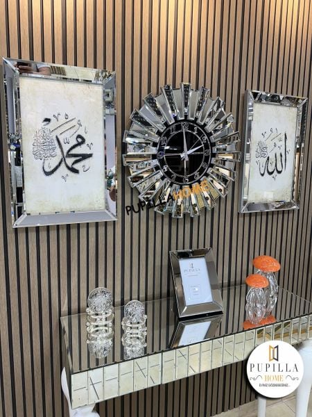 Gümüş Renk Simli İkili Allah C.C & Hz. Muhammed Sav Tablo Güneş Model Aynalı Saat