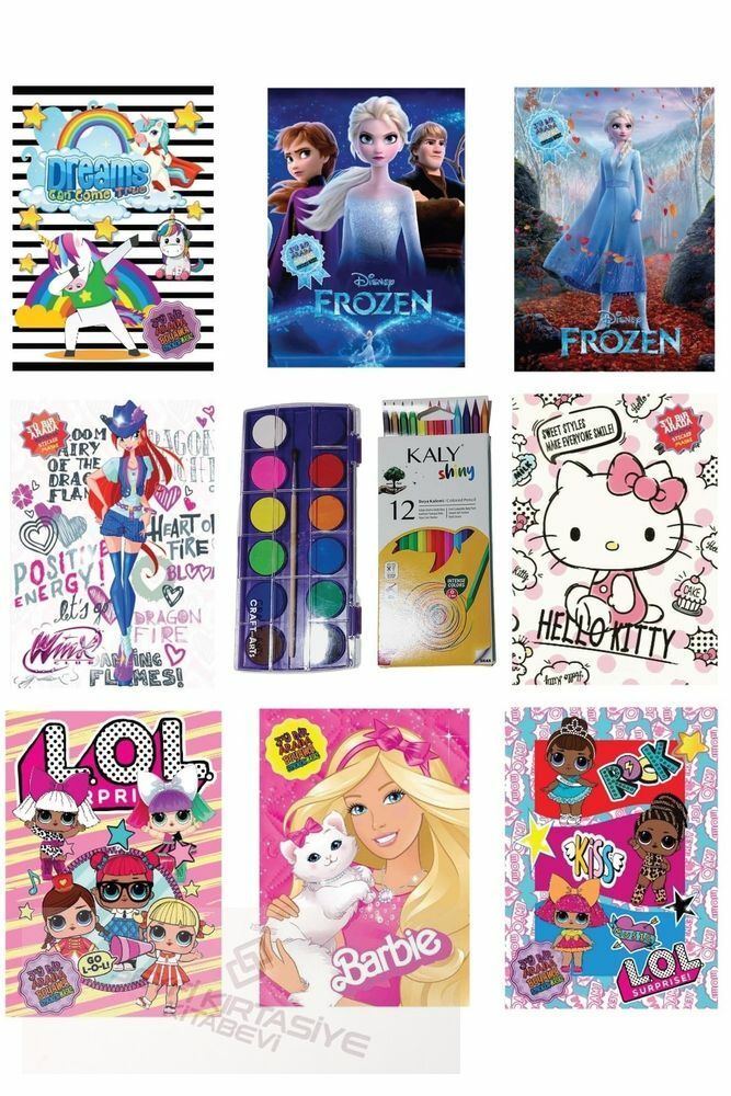 8 Adet Boyama Kitabı Stickerli + Kuru Boya ve Sulu Boya Hediyeli Kız Desenleri