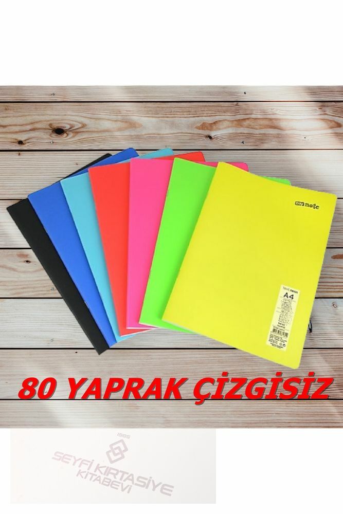 ÇİZGİSİZ 4 ADET A4 80 YAPRAK DİKİŞLİ NEON RENKLER PLASTİK KAPAK DEFTER 60GR BEYAZ SAYFA (KARMA RENK)