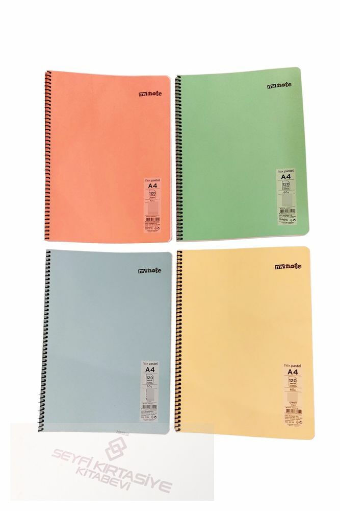 Mynote 4 Adet Pastel Renk 120 Yaprak Kareli Telli A4 Büyük Boy Defter 60gr Beyaz Kağıt