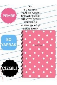 A4 80 YAPRAK PLASTİK KAPAK SPİRALLİ ÇİZGİLİ PUANTİYE DESEN PERFORELİ YUVARLAK KÖŞE BEYAZ SAYFA