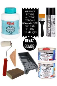 MUTFAK FAYANSI SERAMİK BANYO BOYAMA SETİ MERMER EFEKT SIVI GLASS 750 GR  MULTİ SURFACE 1250 CC XL BEYAZ-GÜMÜŞ Renk Tek Ebat Beden