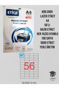 3909 LAZER ETİKET A4 56'LI HAZIR ETİKET HER YAZICI UYUMLU 100 SAYFA 5600 ETİKET YERLİ ÜRETİM