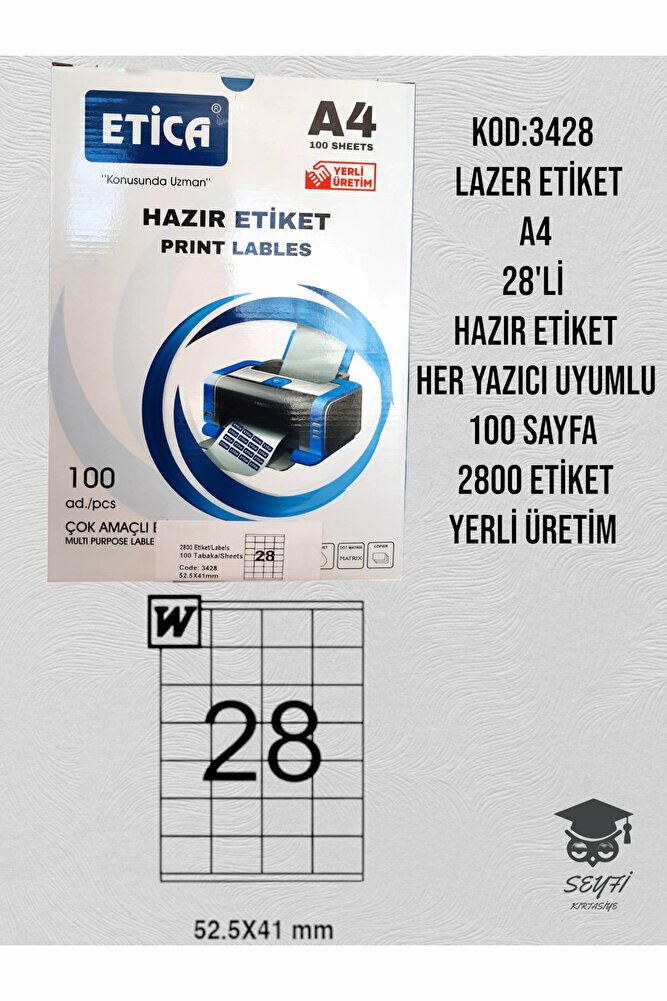 3428 LAZER ETİKET A4 28'Lİ HAZIR ETİKET HER YAZICI UYUMLU 100 SAYFA 2800 ETİKET YERLİ ÜRETİM