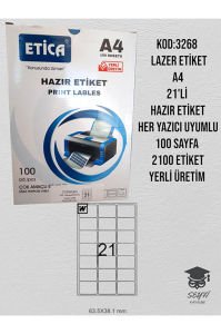 3268 LAZER ETİKET A4 21'Lİ HAZIR ETİKET HER YAZICI UYUMLU 100 SAYFA 2100 ETİKET YERLİ ÜRETİM