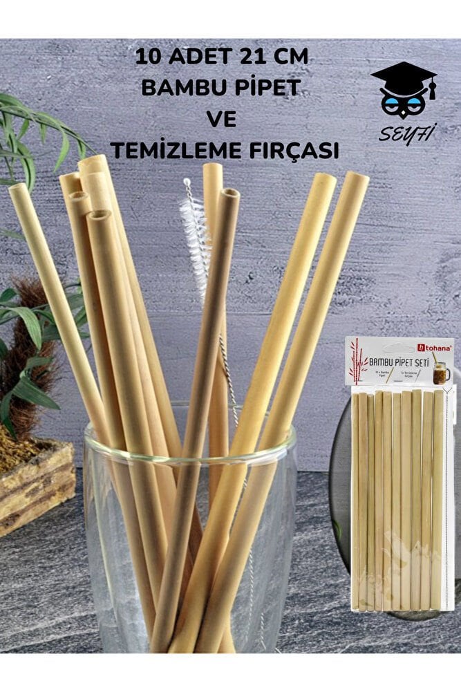 10 ADET 21 CM BAMBU PİPET VE  TEMİZLEME FIRÇASI