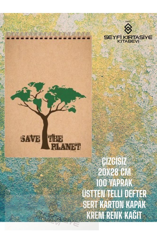 ÇİZGİSİZ 20x28 CM 100 YAPRAK TELLİ DEFTER SERT KARTON KAPAK KREM RENK KAĞIT SAVE THE PLANET