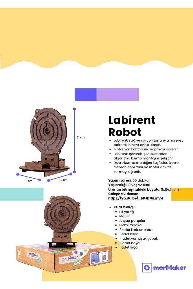 TÜRK MALI Labirent Robot DC Motorlu Ahşap Oyuncak STEM-A Set Çocuklar için Boyanabilir Maket