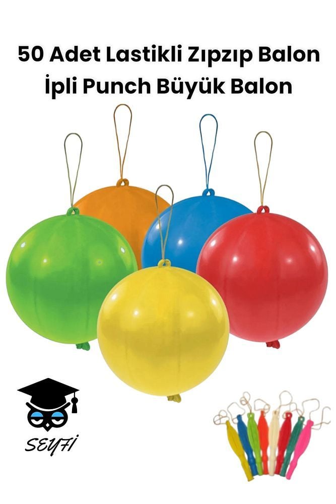 50 Adet Lastikli Zıpzıp Balon Ipli Punch Panç Büyük Balon