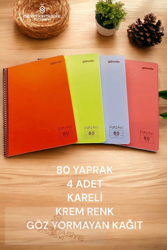 4 Adet A4 80 Yaprak Kareli Telli Defter Pastel Renk Plastik Kapak Göz Yormayan Krem Renk Kağıt