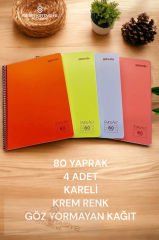 4 Adet A4 80 Yaprak Kareli Telli Defter Pastel Renk Plastik Kapak Göz Yormayan Krem Renk Kağıt