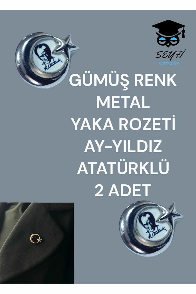 GÜMÜŞ RENK  METAL YAKA ROZETİ AY-YILDIZ ATATÜRKLÜ 2 ADET