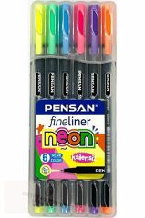 6300 Fineliner 0.4 Mm Keçe Uçlu Kalem 6 Neon Renk Set