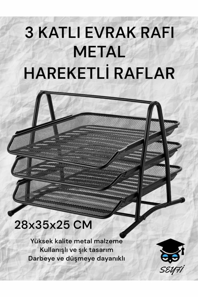 3 KATLI METAL EVRAK RAFI PERFORE SİYAH HAREKETLİ RAFLAR