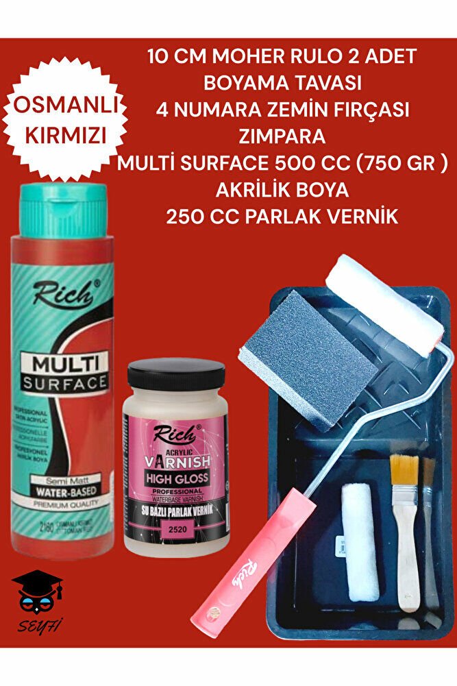 Multi Surface 500cc (750 Gr) Akrilik Boyama Seti TAVA RULO FIRÇA ZIMPARA VERNİK DOLAP BOYAMA SETİ