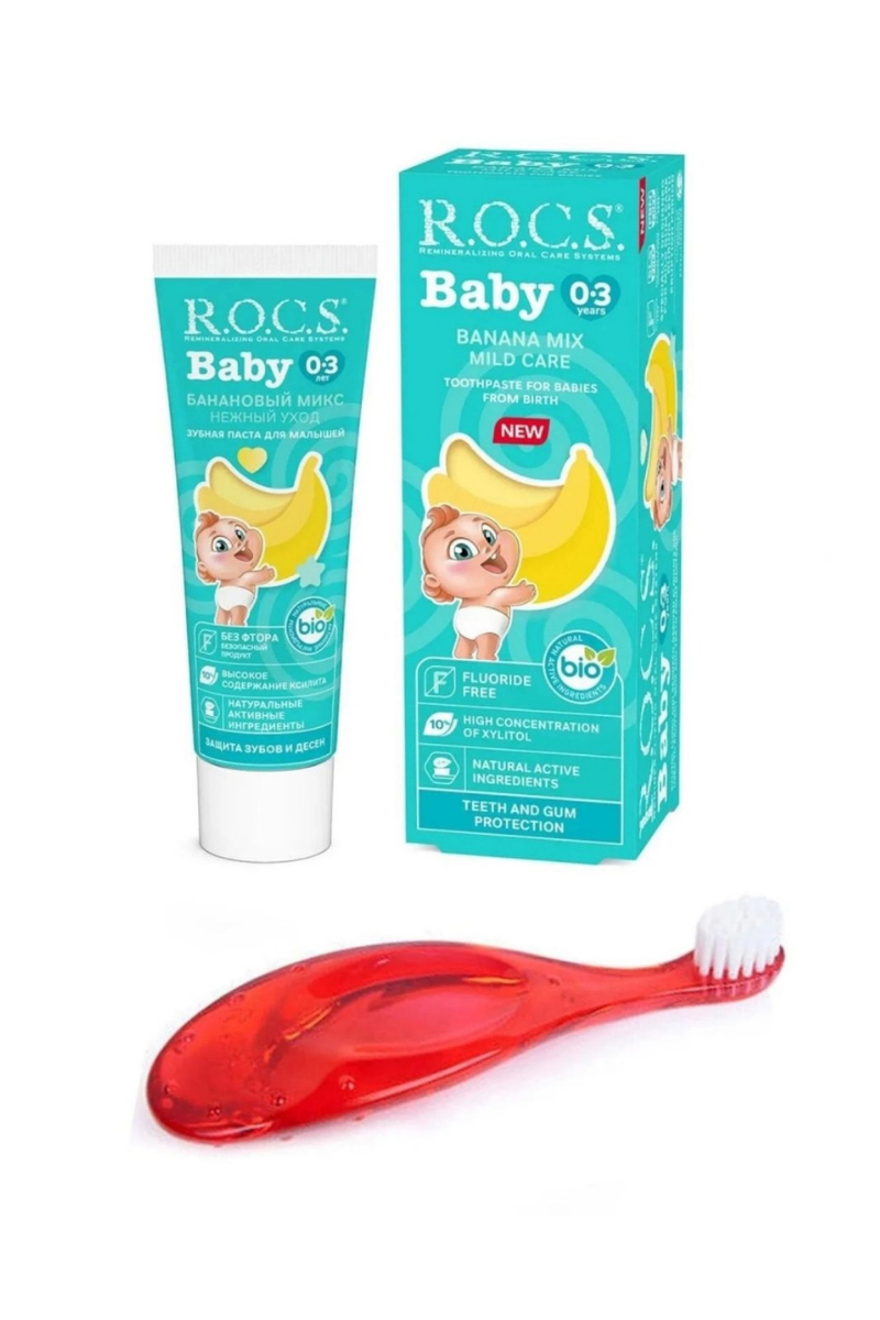 Rocs Baby 0-3 Yaş Muz Püresi Tadında Diş Macunu 45 gr + Diş Fırçası Seti