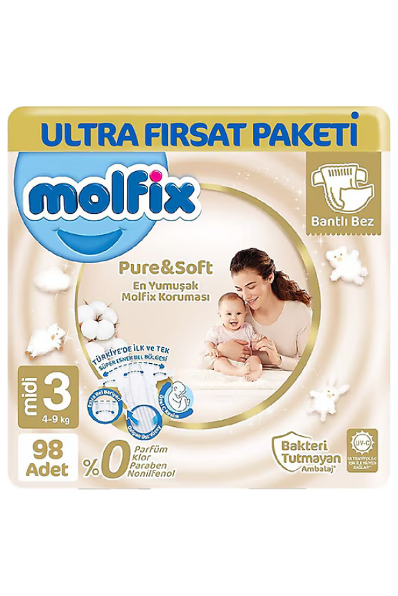 Molfix Ultra Avantaj Pure Soft Cırlı Bebek Bezi 3 midi 98 adet