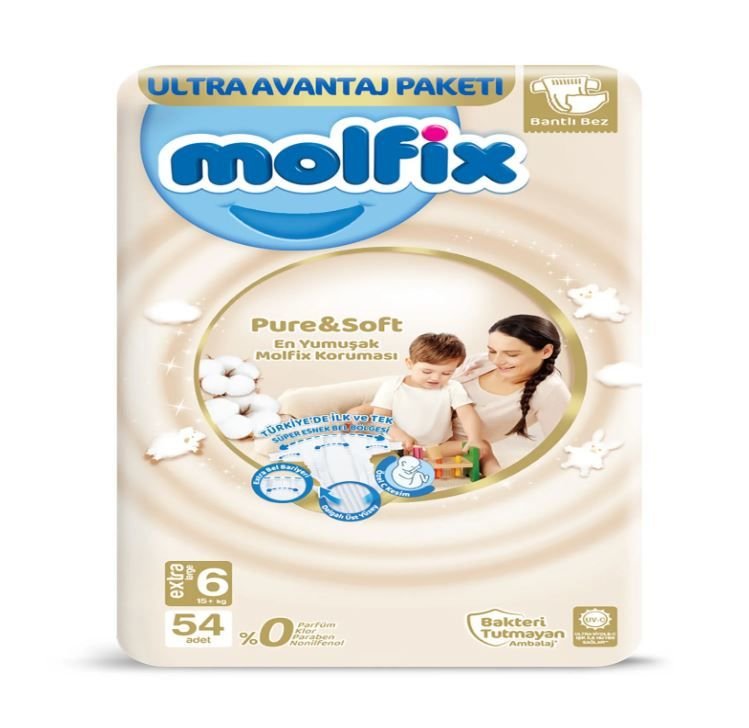 Molfix Ultra Avantaj Pure Soft Cırtlı Bebek Bezi 6 extra large 54 adet