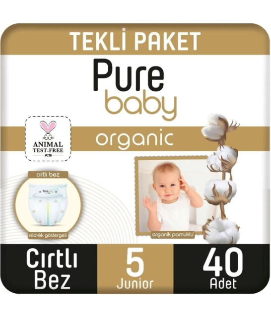 Pure Baby Organik Cırtlı Bebek Bezi 5 (Junıor) Beden-40 Adet