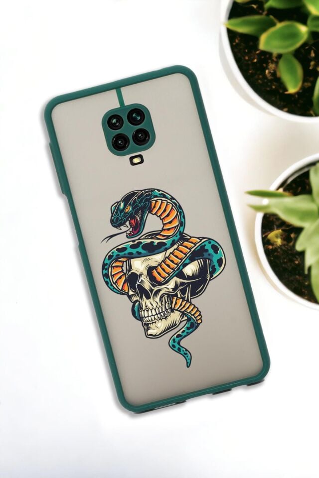 Xiaomi Redmi Note 9 Pro Uyumlu Skull & Snake Desenli Buzlu Şeffaf Lüx Telefon Kılıfı