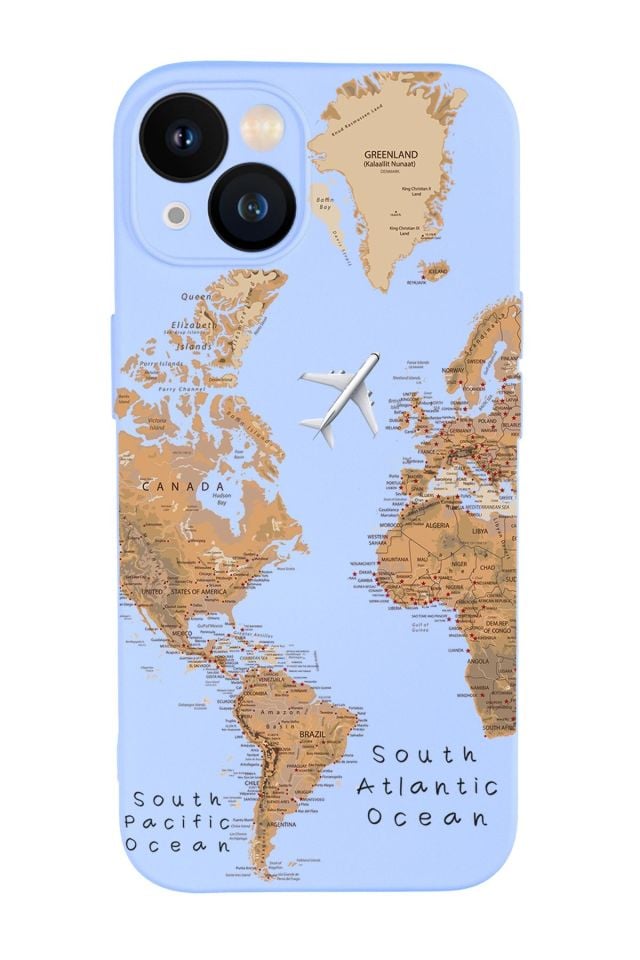 iPhone 13 Uyumlu Dünya Harita Desenli Kamera Lens Korumalı Darbe Emici Silikonlu Lansman Kılıf